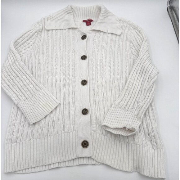 Chaps Denim Womens White Ribbed Cardigan Sweater XL 100% Cotton Button Front - Picture 8 of 13